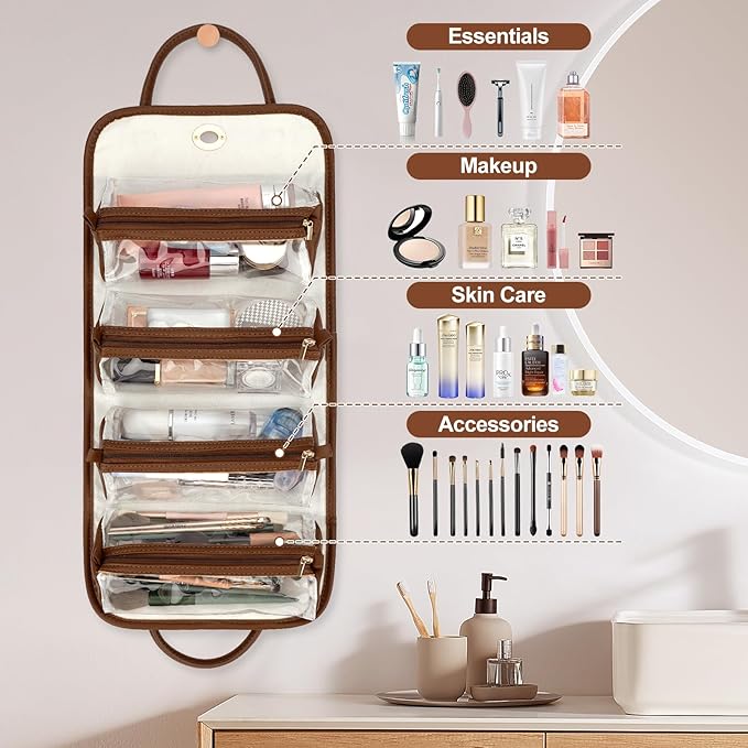 Travel Makeup Organizer Bag, Foldable Toiletry Bag with Detachable Pouches, Large Capacity 4-in-1 Roll-Up Cosmetic Storage with Handle for Women