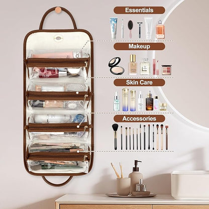 Travel Makeup Organizer Bag, Foldable Toiletry Bag with Detachable Pouches, Large Capacity 4-in-1 Roll-Up Cosmetic Storage with Handle for Women