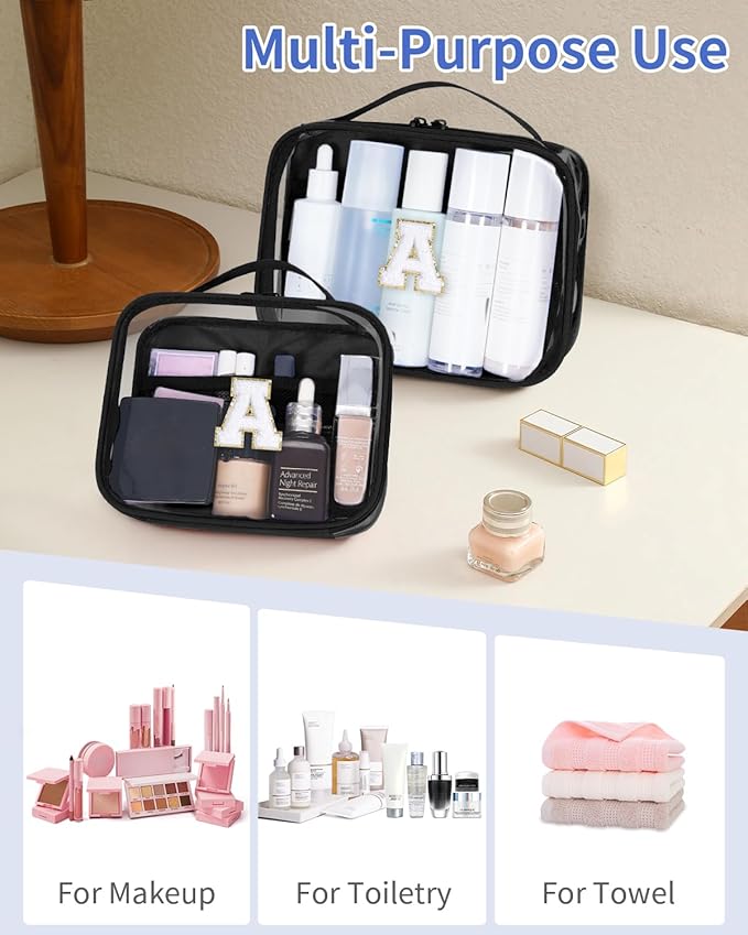 Wandering Nature Clear Makeup Bags 2 Pack Personalized Initial Makeup Pouch Preppy Small Cosmetic Pouch Organizer Travel Toiletry Bag, Birthday Gifts for Girlfriend Women