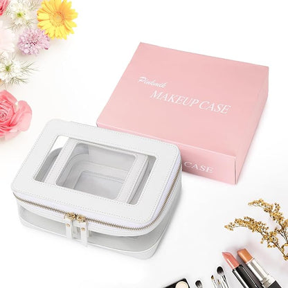 Clear Makeup Bag with Zipper Waterproof Travel Makeup Set for Cosmetics and Toiletries Women's Purse Organizer and Car Essentials (White, M+MINI)