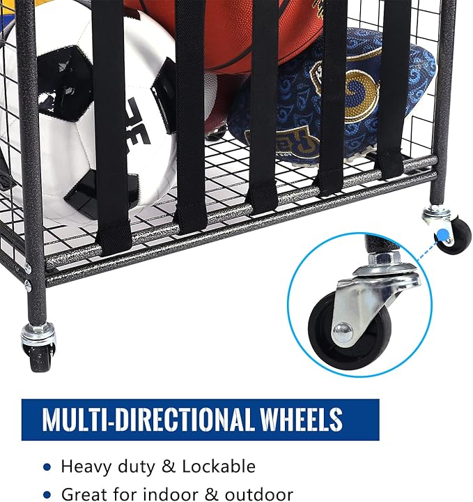 Mythinglogic Rolling Sports Ball Storage Cart, Sports Lockable Ball Storage Locker with Elastic Straps, Stackable Ball Cage for Garage Storage Garage Organizer