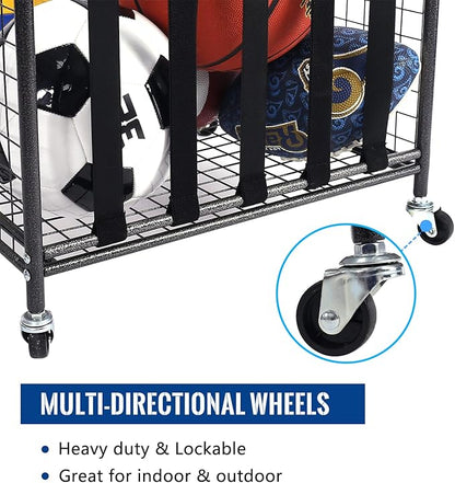 Mythinglogic Rolling Sports Ball Storage Cart, Sports Lockable Ball Storage Locker with Elastic Straps, Stackable Ball Cage for Garage Storage Garage Organizer