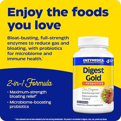 Enzymedica Digest Gold + Probiotics, 2-in-1 Formula for Gut Health, Digestive Enzymes & 1.5 Billion Active Probiotic Cultures, 180 Count