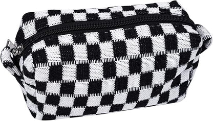 Small Cute Checkered Makeup Bag - Portable Cosmetic Pouch with Zipper, Travel Toiletry Bag, Purse Organizer, Beauty Storage, Black