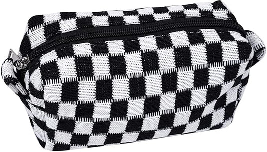 Small Cute Checkered Makeup Bag - Portable Cosmetic Pouch with Zipper, Travel Toiletry Bag, Purse Organizer, Beauty Storage, Black