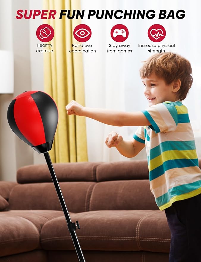 Punching Bag for Kids with Stand, Boxing Bag with Height Adjustable and Boxing Gloves, Kids Punching Ball Set Boxing Combination, Stress Relief & Fitness Toy for Boys & Girls