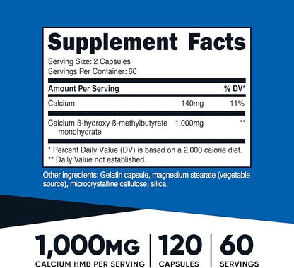 Nutricost HMB (Beta-Hydroxy Beta-Methylbutyrate) 1000mg (120 Capsules) - 500mg Per Capsule, 60 Servings - Gluten Free and Non-GMO