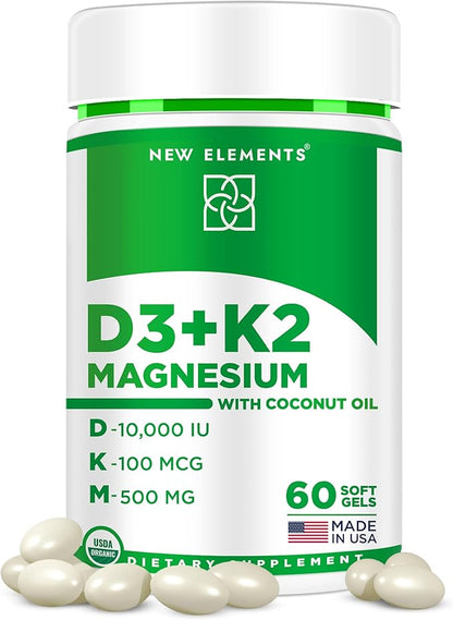 Vitamin D3 K2 10000 IU Organic Softgels for Men and Women with Magnesium Glycinate 500mg | Vitamin D & Magnesium Supplement for Bone Health | Immune Support | Non-GMO | Gluten-Free | Sugar Free
