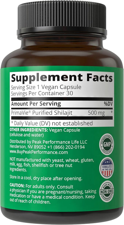 PrimaVie® Purified Shilajit Capsules Made with Pure Shilajit Powder. Clinically Tested Natural Supplement with 40+ Trace Minerals, Fulvic Acid. Tablets Support Mitochondria + Brain Function