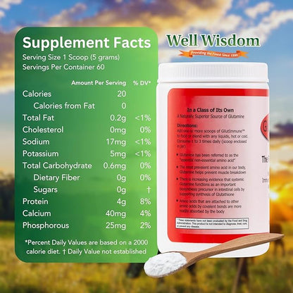 Glut Immune The Finest Glutamine Powder Dairy-Free 300g Well Wisdom - Naturally Superior Covalent Bonded Glutamine Supplement for Gut Health, Immune Focus & Recovery with 60 Servings