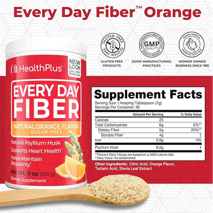 Health Plus Every Day Fiber Digestive Support | Natural Sweetener without Artificial Flavors | Daily Fiber for Toxin Elimination To Reduce Bloating | Orange Flavor | 9 Ounces, 36 Servings.