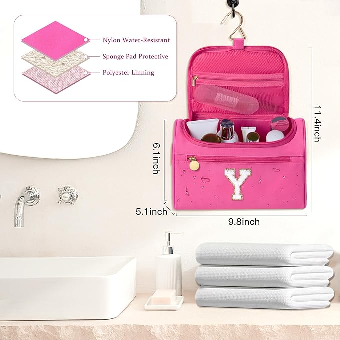 COSHAYSOO Christmas Valentines Galentines Day Fall Travel Gifts for Women Friend Sister Bestie Happy Birthday Party Favor Present, Large Hanging Toiletry Bag Skin Care Toiletries Hot Pink Letter Y