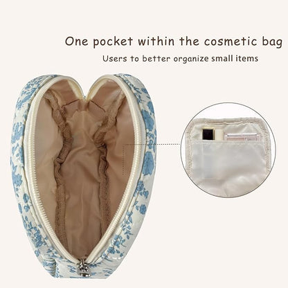 Small Quilted Cotton Makeup Bag for Purse, Cosmetic Bag with Compartments, Cotton Aesthetic Makeup Bag, Travel Toiletry Pouch, Key Pocket Lipstick Bag Card Holder Data Cable Organizer（07Cherry）