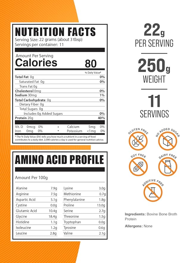 BulkSupplements.com Beef Bone Broth Protein Powder - Bovine Bone Broth Protein, Lactose Free Protein Powder - Dairy Free & Gluten Free, 22g per Serving, 250g (8.8 oz) (Pack of 1)