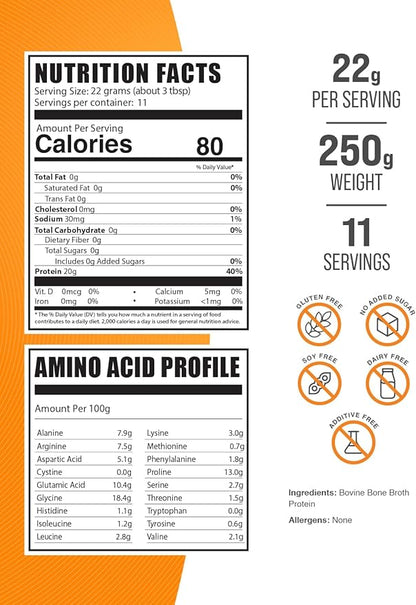 BulkSupplements.com Beef Bone Broth Protein Powder - Bovine Bone Broth Protein, Lactose Free Protein Powder - Dairy Free & Gluten Free, 22g per Serving, 250g (8.8 oz) (Pack of 1)