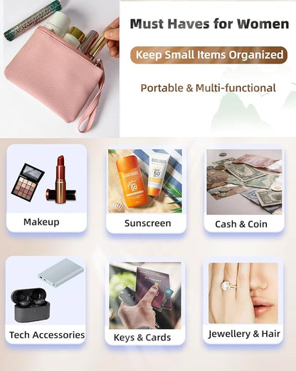Small Makeup Bag for Purse Mini Cosmetic Pouch Zipper Little Wristlet, Tiny Make Up Organizer Lipstick Feminine Product Car Change Coin Holder for Women, 4.5 x 6.5 Clutch Stadium Approved, 1 Pink