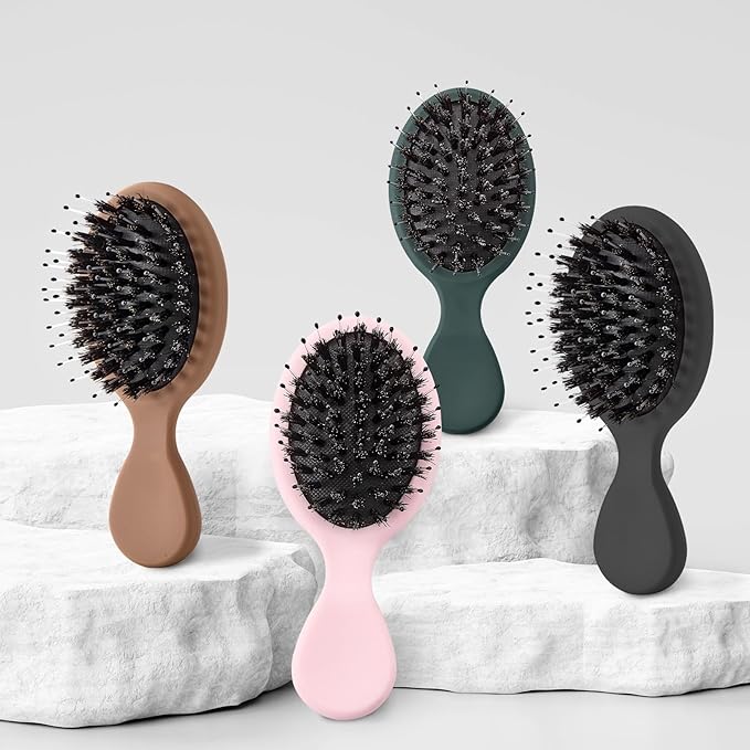 Mini Boar Bristles Hair Bursh, Travel Size Hair Brush for Women Men Kids, Protable Small Hair Brush for Pockets Purses, Mini Detangler Brush for Smooth Add Shine (1 Pack-Mocha)