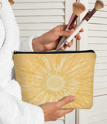 Yellow Sunflowers Line Art Makeup Bag,Spring Summer Flower Cosmetic Bag Best Gift Idea for Teen Girls Women,Birthday Christmas Gifts for Girls Women Daughter Sister