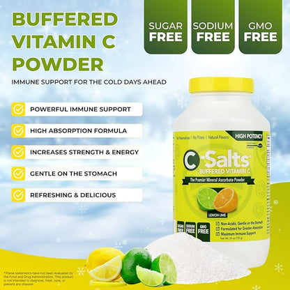 4000mg Vitamin C Powder Supplement - 100% Pure Buffered Powdered Drink w/Ascorbate C - Immune Support, Stomach-Friendly Absorption, Organic, Vegan, Sodium & Sugar-Free, Lemon Lime 26oz