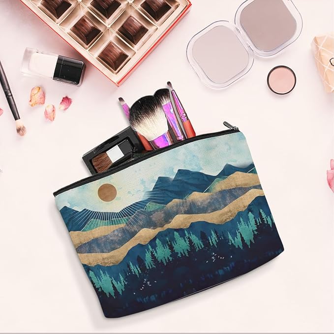 jeilink Watercolor Makeup Bag Mountain Sunshine Print -Blue Funny Christmas Birthday Gifts for Women Girl Daughter Best Friend Bestie Sister Coworker Grandma Mom Cosmetic Bag Travel Toiletry Bag