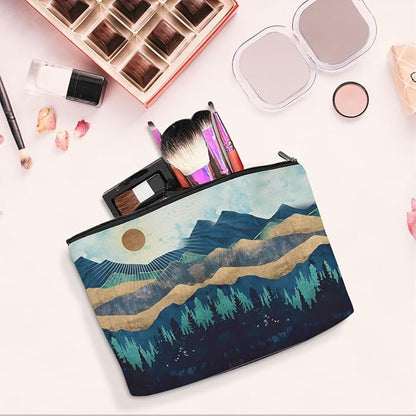jeilink Watercolor Makeup Bag Mountain Sunshine Print -Blue Funny Christmas Birthday Gifts for Women Girl Daughter Best Friend Bestie Sister Coworker Grandma Mom Cosmetic Bag Travel Toiletry Bag
