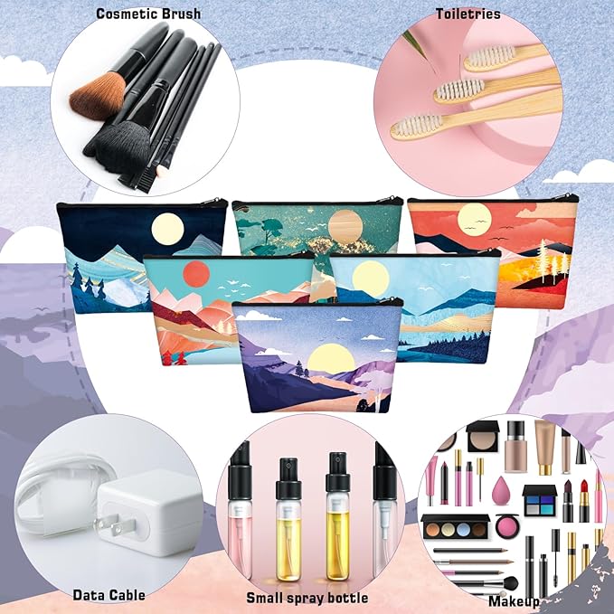 Sweetude 12 Pcs Mountain Makeup Bag Portable Travel Cosmetic Bag Cute Zipper Pouches for Travel Waterproof Toiletry Organizer Printed Storage Pouch for Women Gifts