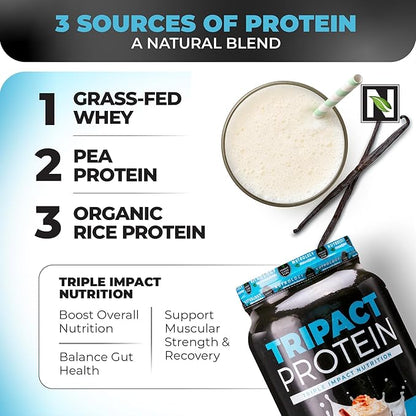 Nutrology TRIPACT Protein Powder, Vanilla Latte Cinnamon Flavor, 7-in-1 Meal Replacement Shake with Grass Fed Whey Protein Powder, Pea Protein Powder, Greens, Probiotics & BCAAs, 20 Servings