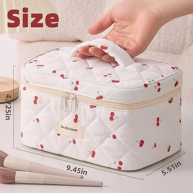 Cute Pink Cherry Quilted Makeup Bag, Large Capacity Travel Cosmetic Bag for Women and Girls, Aesthetic Storage for Daily and Travel Use,or for travel toiletry bag