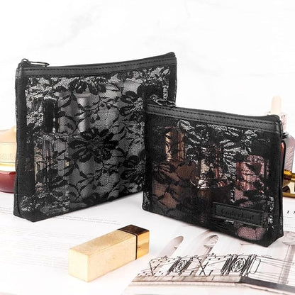 fashion portable cosmetic bag,Visible large capacity Nylon storage bag, for Business Travel bath, Unisex (black 3pcs set) (purpose made lace zippered cosmetic bag)