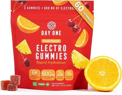 Day One Electrogummies Fruit Punch - Electrolyte Gummies for Runner, Athlete & Everyday Use - Hydration Gummies with Essential Electrolytes - Alternative to Powders, Tablets, Chews - 60 Gummies