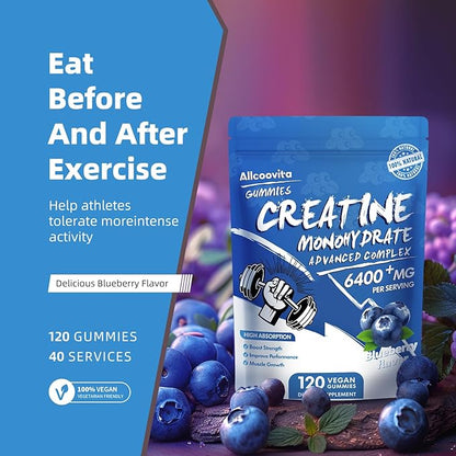 Creatine Monohydrate Gummies Complex 6400mg for Men & Women - 120 Gummies Advanced Formula, L-Taurine + Vitamin B12 for Muscle Strength, Muscle Builder, Energy Boost, Pre-Workout Supplement -Blueberry