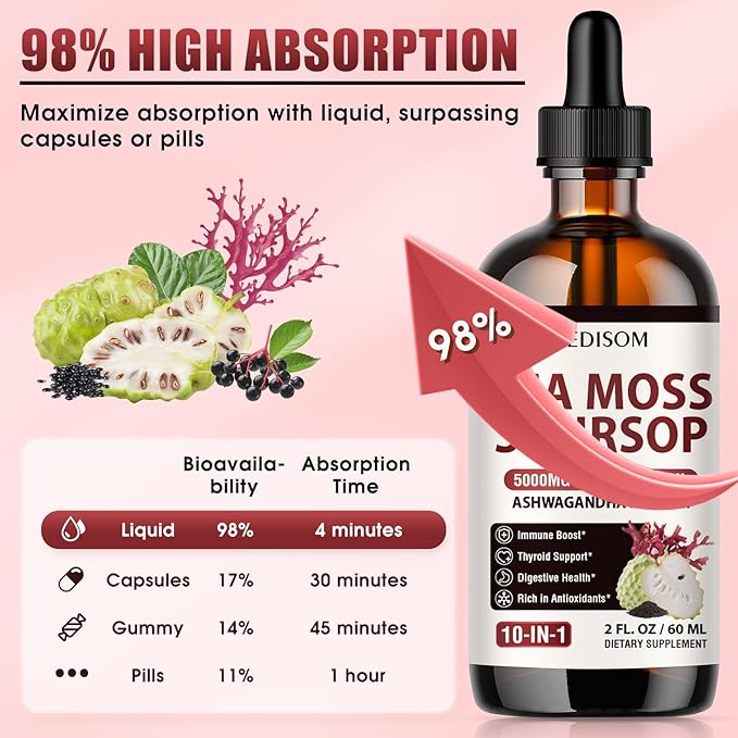 Irish Sea Moss Soursop Drops 2 Fl Oz - Sea Moss Black Seed Oil Multivitamin Liquid with Ashwagandha, Burdock Root, Bladderwrack, Soursop Seamoss Supplement for Gut, Immunity, Thyroid Support