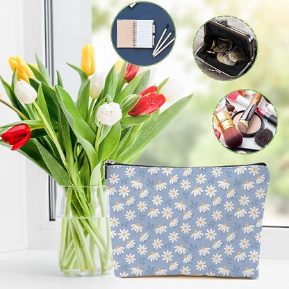2pcs Daisy Floral Makeup Bag, Travel Essential Cosmetic Bag Garden Flower Gifts for Women Female Girls Sister BFF Nature Lover, Travel Zipper Pouch Christmas Thanksgiving Birthday Gifts