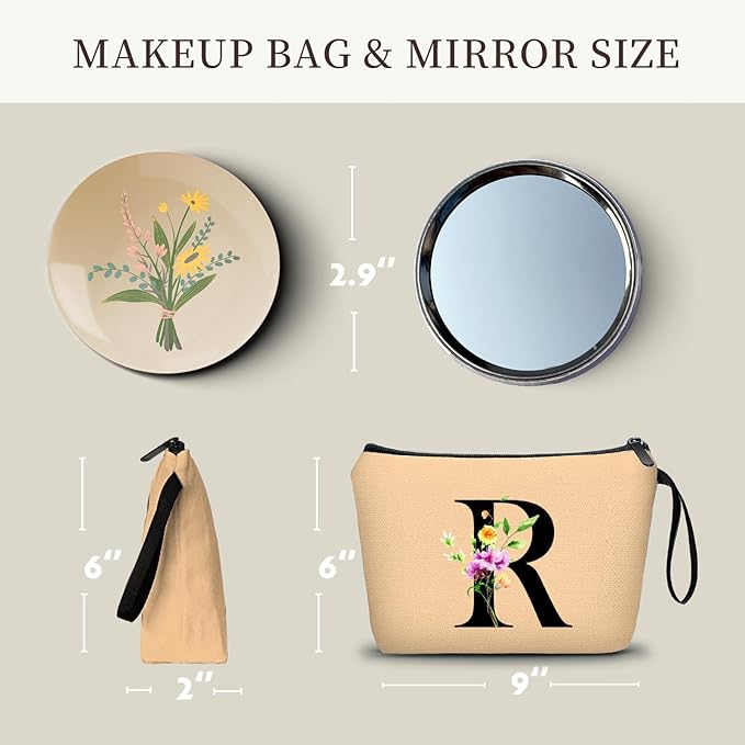SEAMOON Women Birthday Maid of Honor Monogrammed Gifts for Bride Bridesmaid Sister Friend Her Teacher Makeup Cosmetic Bag with Mirror Mothers Day Christmas Graduation R