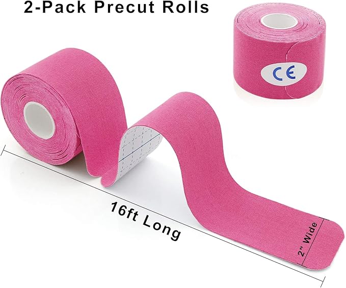 MUEUSS Kinesiology Tape Elastic Cotton Athletic Tape Precut Strips,Waterproof Tape for Protects Muscles,Knees,Shoulders Plantar Fasciitis Pain Relief,Pregnancy Belly Tape (2rolls Pink&Blue)