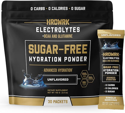 HRDWRK Electrolytes Powder Packets with Magnesium, Potassium Sodium, Keto Hydration Packets - BCAA Electrolyte Powder Packets with Glutamine, 30 Electrolytes Powder Packets Sugar Free (Unflavored)
