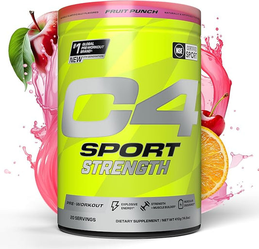 Cellucor C4 Sport Strength Pre Workout Powder - NSF Certified for Sport - Beta-Alanine, Creatine, 200mg Caffeine - Sugar Free Energy Supplement for Men & Women - Fruit Punch, 20 Servings