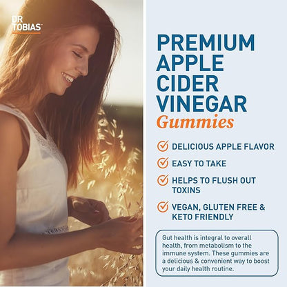 Dr. Tobias Apple Cider Vinegar Gummies, Includes 500 mg Apple Cider Vinegar with Mother, Folate, B12 & Iodine, Supports Gut Health, Cleanse & Detox, Vegan & Gluten-Free, 120 Gummies