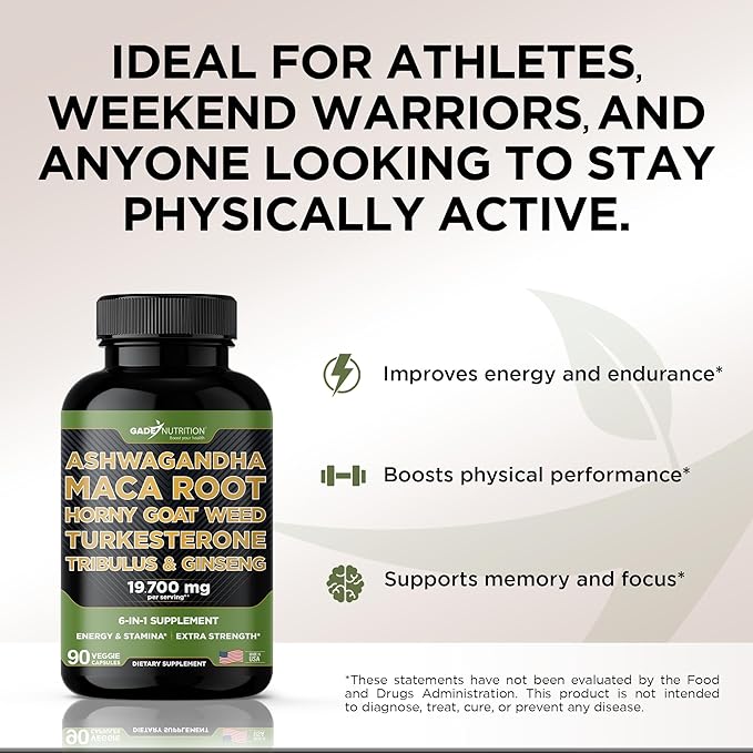 Ashwagandha - Maca Root - Horny Goat Weed - Turkesterone - Tribulus - Ginseng, 90 Capsules - Made in USA