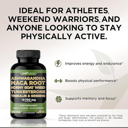 Ashwagandha - Maca Root - Horny Goat Weed - Turkesterone - Tribulus - Ginseng, 90 Capsules - Made in USA