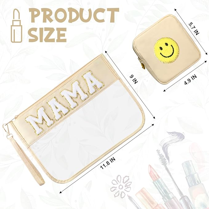 Hillban 2 Pcs Mama Gifts Set Mama Makeup Bag for Hospital Chenille Letter Pouch Preppy Patch Beach Travel Bags Aesthetic Waterproof Portable Toiletry Storage
