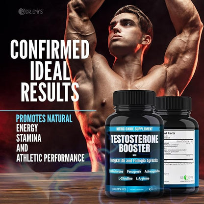 Dr. Emy's (1 Pack Testosterone Booster-Tongkat Ali Fadogia Agrestis Nitric Oxide Ashwagandha Supplement for Men with L Arginine Citrulline Fenugreek - Turkesterone Pre Workout Pump (60 Capsules)