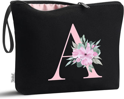 Vavabox A-Z Personalized Makeup Bag, Birthday Gifts for Women Mom, Gifts for Best Friend, Bride Bridesmaid Cosmetic bag (A, Black)