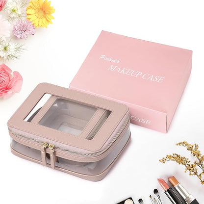 Clear Makeup Bag with Zipper Waterproof Travel Makeup Set for Cosmetics and Toiletries Women's Purse Organizer and Car Essentials (Pink, M+MINI)
