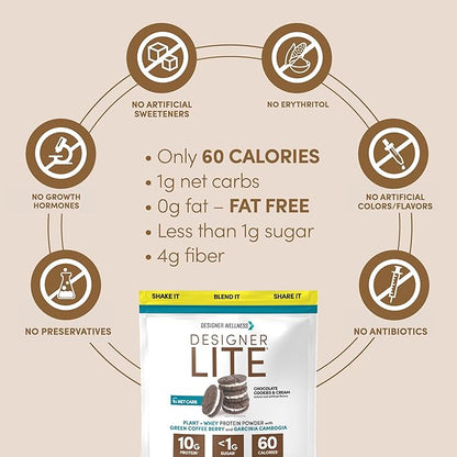 Designer Wellness, Designer Lite, Low Calorie Natural Protein, Prebiotic Fiber, Key Vitamins & Minerals, Chocolate Cookies & Cream, 25.6 Ounces