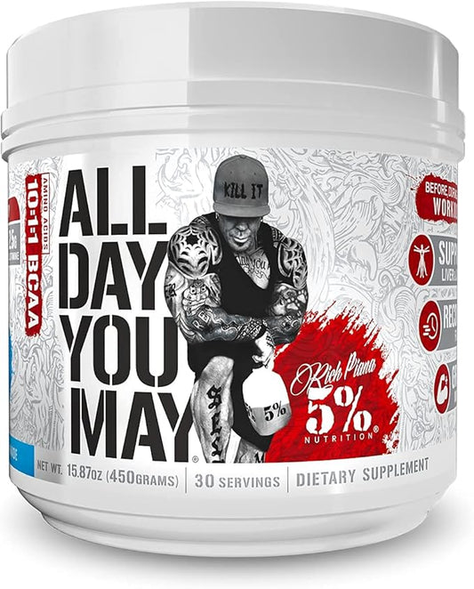 5% Nutrition Rich Piana AllDayYouMay BCAA Powder | Premium Intra & Post Workout Amino Acids, Hydration, Endurance, Muscle Recovery, Joint & Liver Support | 15.9 oz, 30 Servings (Blueberry Lemonade)