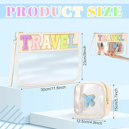 Hillban 2 Pcs Clear Travel Bags Chenille Letter Makeup Cosmetic Toiletry Bags Weekend Gifts Preppy Patch Zipper Pouch for Travel Waterproof Flat Portable Storage Purse for Women