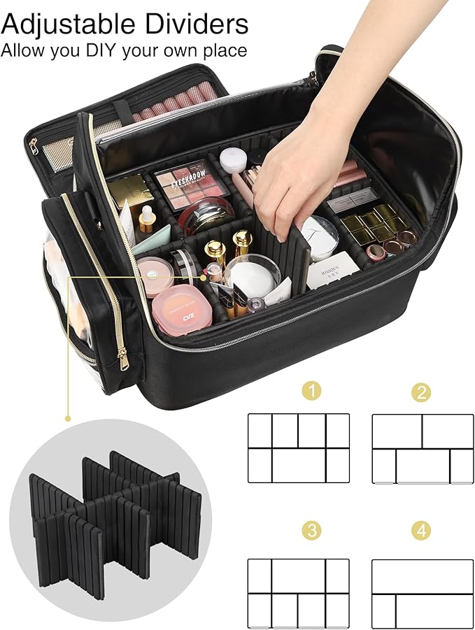 Professional Makeup Bag, Tattoo Case, Makeup Artist Bag Extra Large Capacity Cosmetic Train Case Travel Organizer Box with Adjustable Dividers (Black, Extra Large)