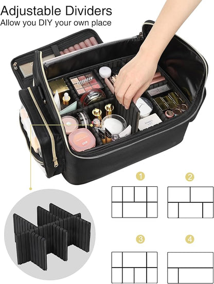 Professional Makeup Bag, Tattoo Case, Makeup Artist Bag Extra Large Capacity Cosmetic Train Case Travel Organizer Box with Adjustable Dividers (Black, Extra Large)