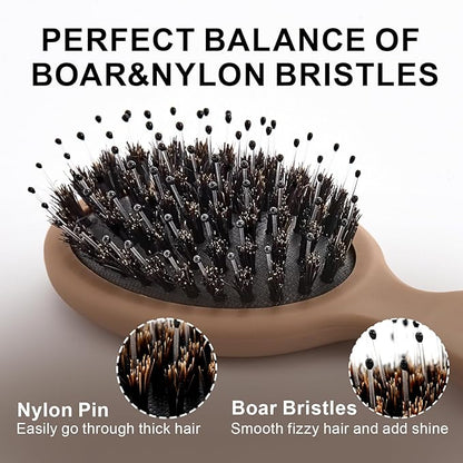 Mini Boar Bristles Hair Bursh, Travel Size Hair Brush for Women Men Kids, Protable Small Hair Brush for Pockets Purses, Mini Detangler Brush for Smooth Add Shine (1 Pack-Mocha)